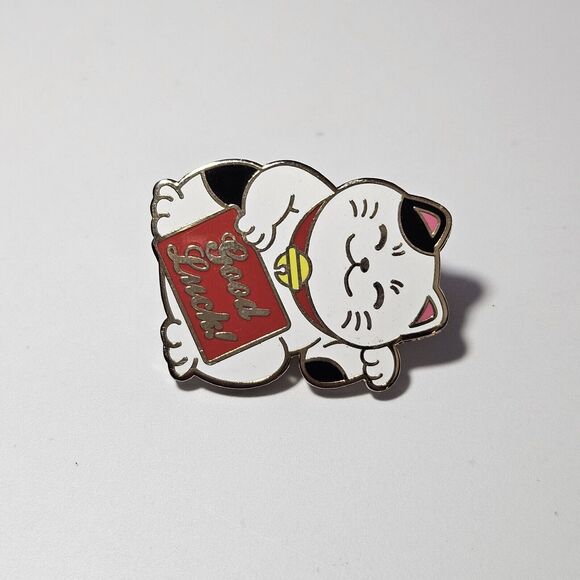 **Final Sale** Real Sic Gold Tone White And Black Enamel Good Luck Cat Pin - Picture 9 of 10